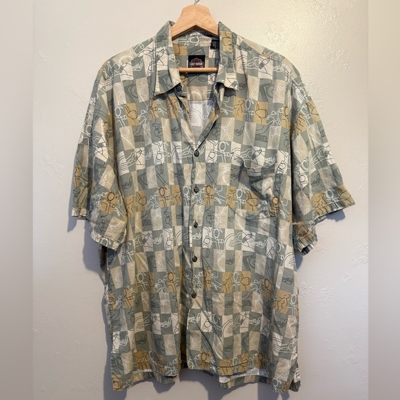 Vintage Harley Davidson Hawaiian Shirt All Over Print Men's 2XL Green/Tan Check - Picture 5 of 12